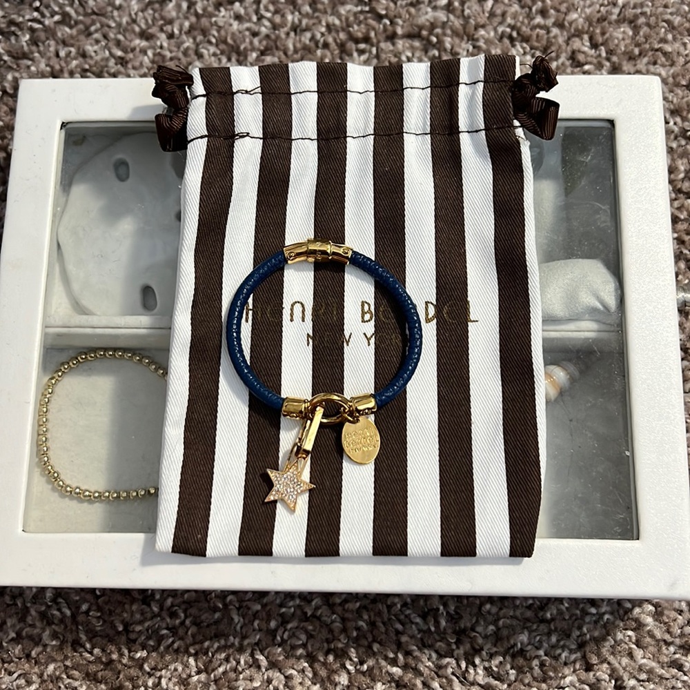 Henri Bendel Textured Leather Magnetic Closure Bracelet Blue with Charm